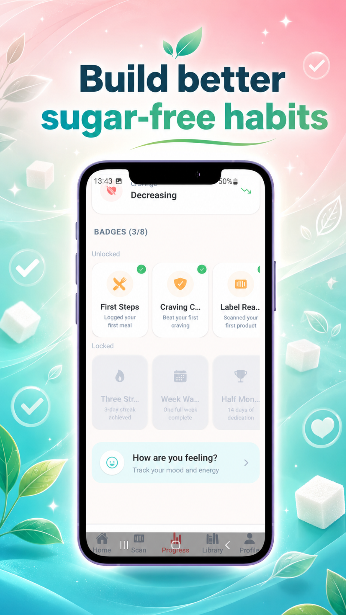 Sugar Free Challenge Tracker progress and badges screen